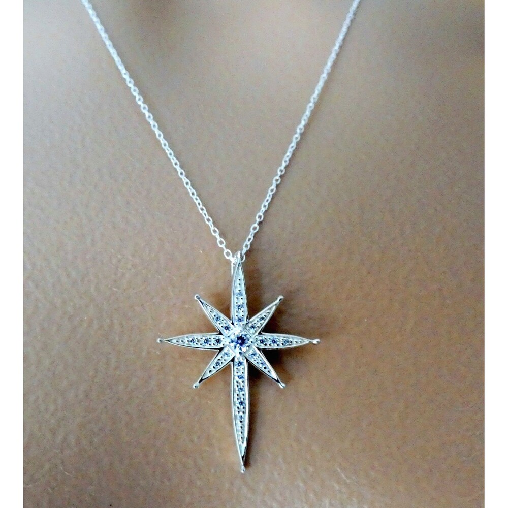 Round Cut Simulated Diamond Sterling Silver North Star Pendant Necklace